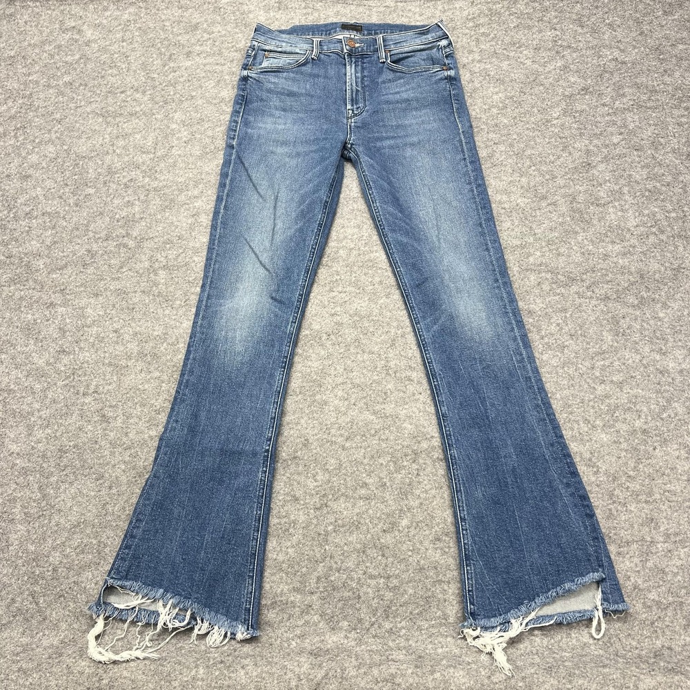 Mother The Runaway Step Fray Jeans Womens 27 Blue Bootcut Raw Hem 1243-470